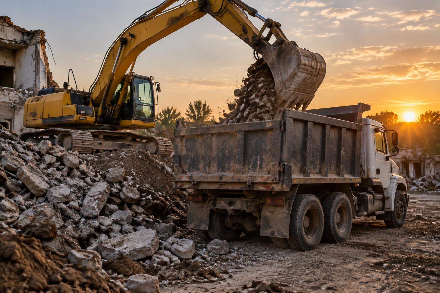 Rubble being loaded into a dump truck