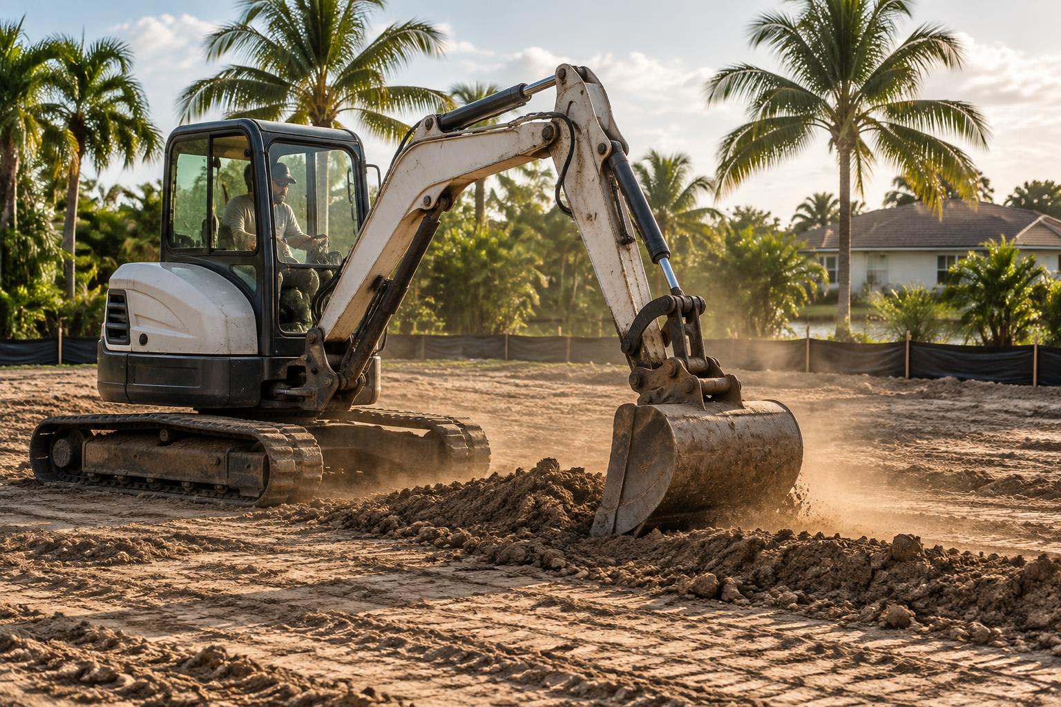 Excavator grading a cleared lot